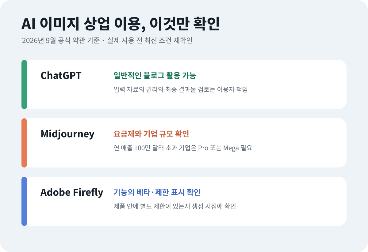 ChatGPT·Midjourney·Adobe Firefly 상업 이용 조건 요약