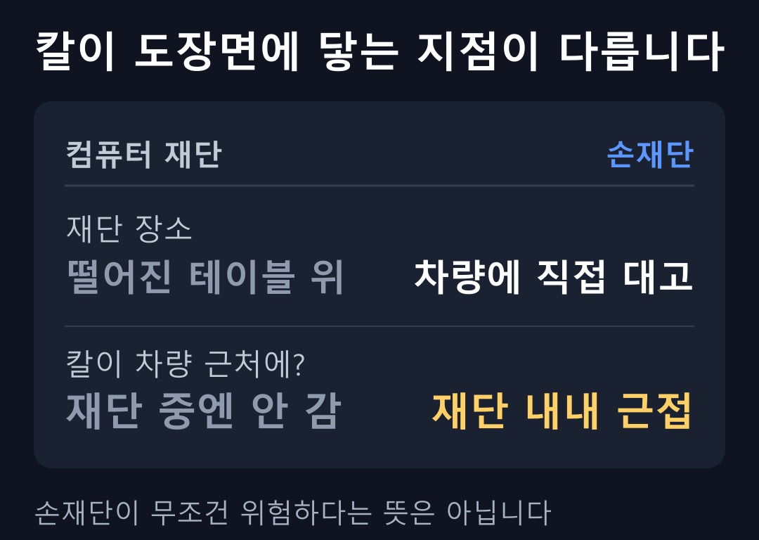 칼이 도장면에 닿는 지점이 다릅니다